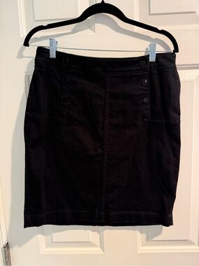 WHBM Black Stretch Cotton Blend Mini Skirt Size 8 Button Detail Side Zip